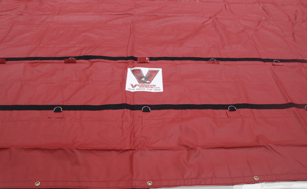 2 PIECE HEAVY DUTY STEEL TARP SET – 16′ X 27′ (4′ DROPS + FLAPS) REd D rings 2 PIECE HEAVY DUTY STEEL TARP SET – 16′ X 27′ (4′ DROPS + FLAPS) REd D rings